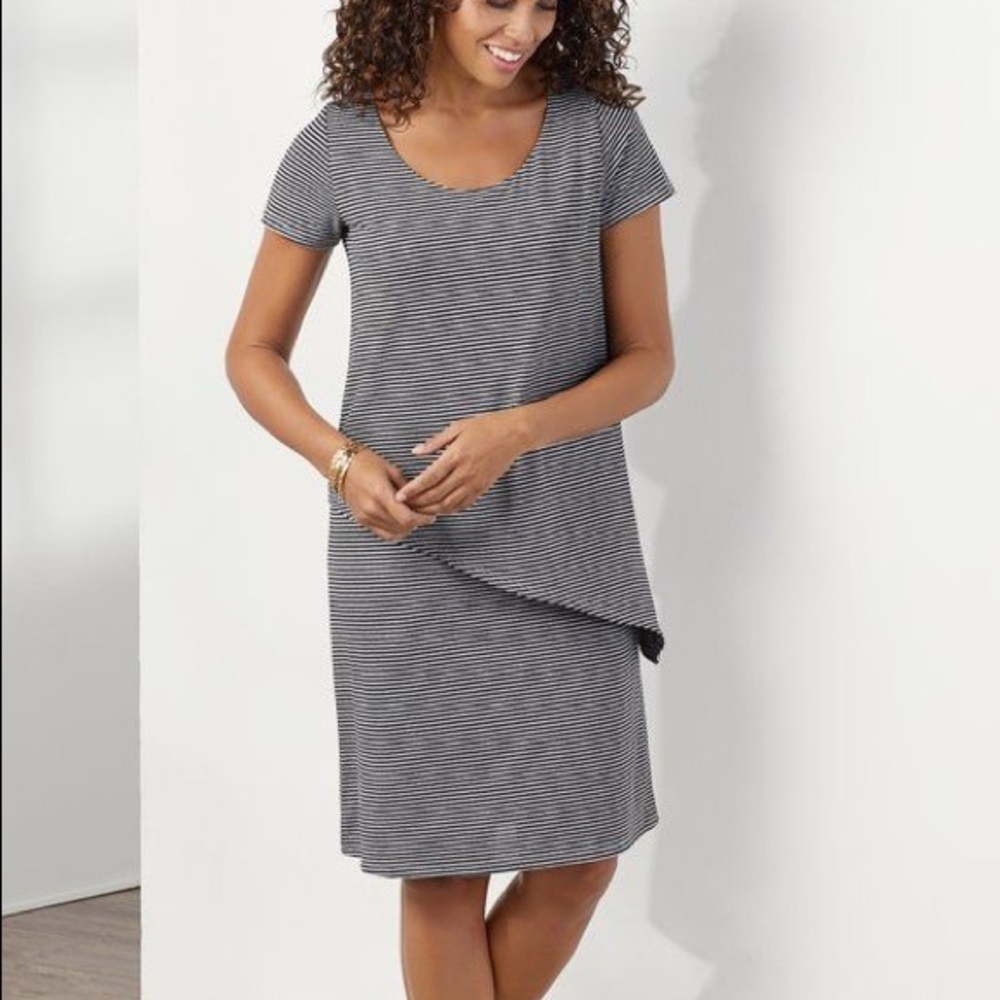 Soft Surroundings Leah Layered Dress Striped Short Sleeve Small Black Gray